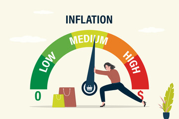 Inflation meter, scales. Indicator shows high inflation. Woman customer trying to keep meter from maximum values. Rising inflation and prices, economic crisis.
