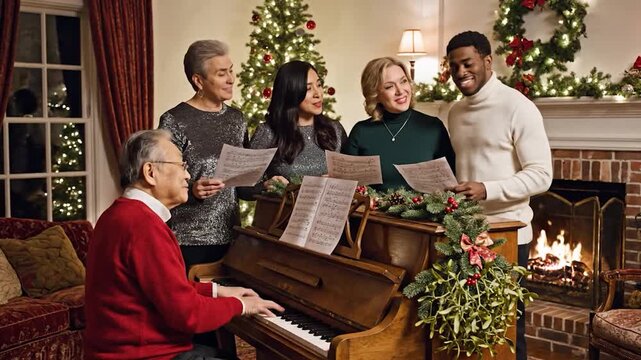 A Diverse Group of Friends and Family Enjoy Christmas Caroling Around a Piano.
