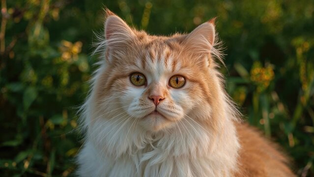 Close-up of a fluffy orange and white cat with green eyes outdoors in a natural green background. - Powered by Adobe
