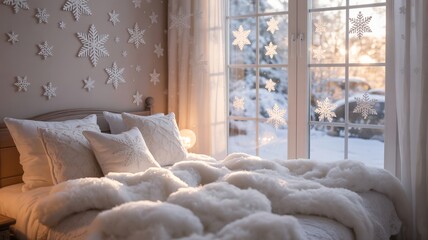 Cozy child bedroom decorated for winter with snowflake decals and warm lighting