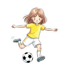 Young girl kicking a soccer ball with determination