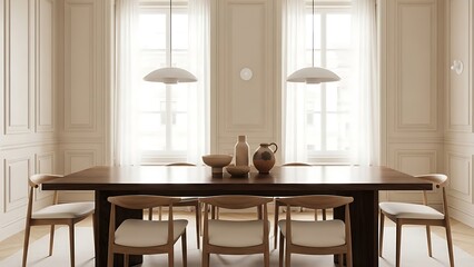 Elegant dining room interior with a large dark wood table, light wooden chairs, and abundant natural light from sheer-curtained windows