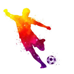 Vibrant watercolor silhouette of a soccer player kicking a ball