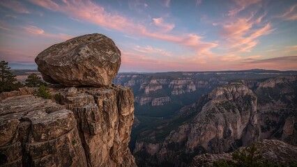 Large boulder perched on a cliff edge overlooking a canyon during sunset.