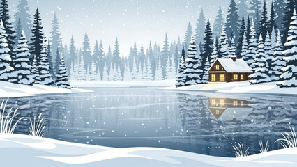 Dreamy snowy winter cabin scene with frozen lake and snow-covered pines, perfect for holiday cards, cozy backgrounds, or winter wonderland promotions