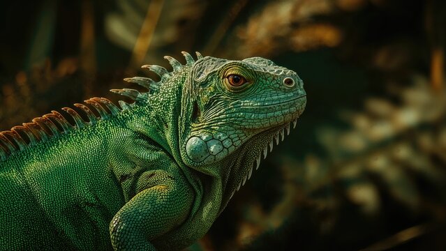 Close-up of a green iguana with detailed scales and spines, highlighting the reptile's features in a natural environment.