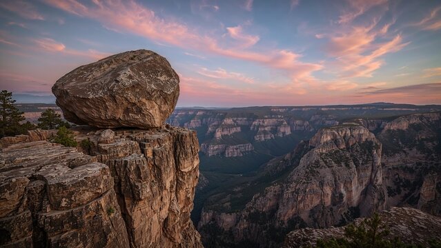 Large boulder perched on a cliff edge overlooking a canyon during sunset.