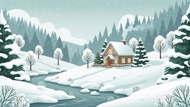 Cozy winter cabin nestled in snowy mountain landscape, perfect for Christmas cards and holiday promotions bringing warmth and nostalgic charm to any project