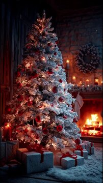 Festive Christmas setting with tree, indoor fireplace, snowfall and snowflake effects, warm holiday lights, cozy winter scene, perfect for Xmas, New Year, and winter celebration stock video 9:16 view