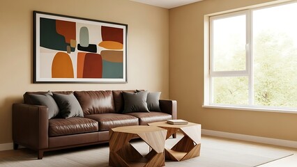 Stylish and cozy living room interior featuring a comfortable brown leather sofa, abstract wall art, and a geometric wooden coffee table