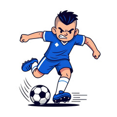 Angry cartoon soccer player kicking ball with fierce expression