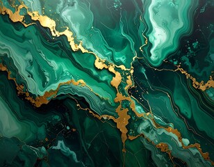 An abstract image features swirling shades of green resembling malachite, intersected by elegant veins of shimmering gold. The texture evokes luxury