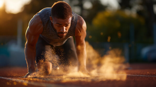 Outdoor fitness shoot at track, athlete sprint start, dust and sunlight streaks, action freeze, with copy space