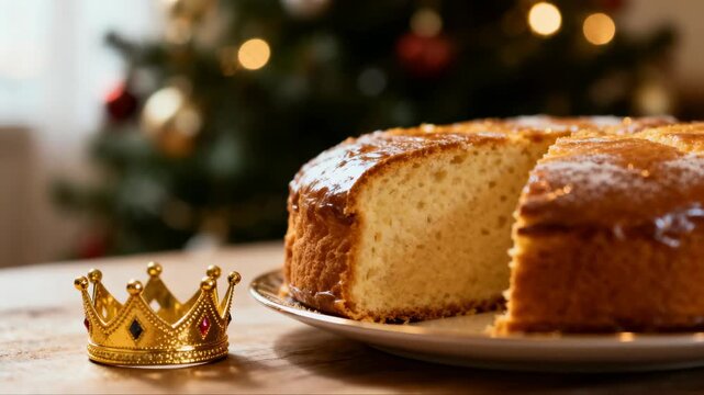 Golden crown beside a slice of cake on wooden table with Christmas tree  