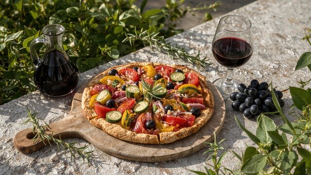 Pizza with assorted fruits alongside a glass of red wine and a wine pitcher, served on a rustic stone surface with greenery, emphasizing fresh ingredients and elegant dining.