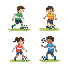 Four diverse cartoon children playing soccer on a green field