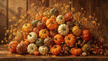 A colorful assortment of pumpkins and gourds with fall flowers, arranged on a rustic wooden surface.