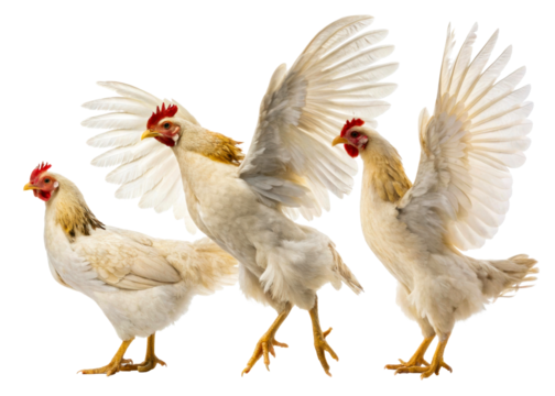 Three white hens displaying their wings in different poses captured in a studio setting, perfect for agricultural promotions and animalthemed content creation.