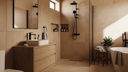 A serene and luxurious bathroom interior featuring a walk-in shower, freestanding tub, and a natural wood vanity with warm, earthy tones