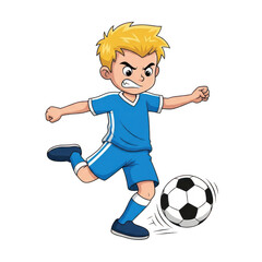 Young boy kicking a soccer ball with determination