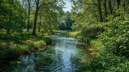 A river flowing through a green forest with tall trees and lush vegetation on both sides.