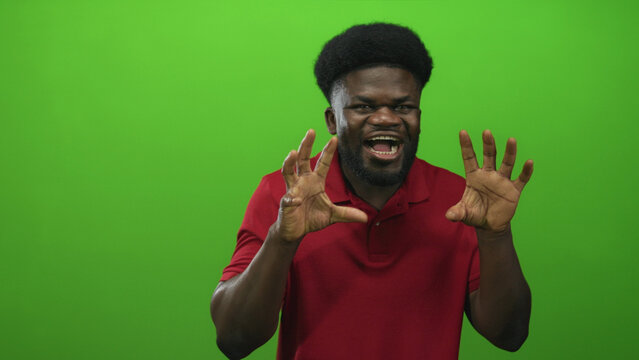 Man making clawing hand gesture and open mouth expression in studio green wall wearing red polo shirt, facing camera; playful mischief. - Powered by Adobe