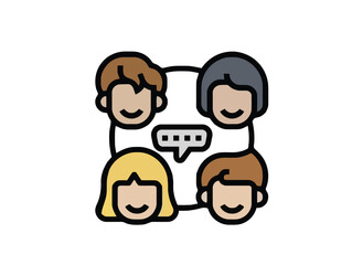 Illustration of people communicating with a speech bubble in the center, representing conversation and teamwork