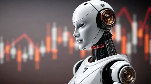 Robot analyzing stock market trends with advanced technology at a modern investment firm during a busy day