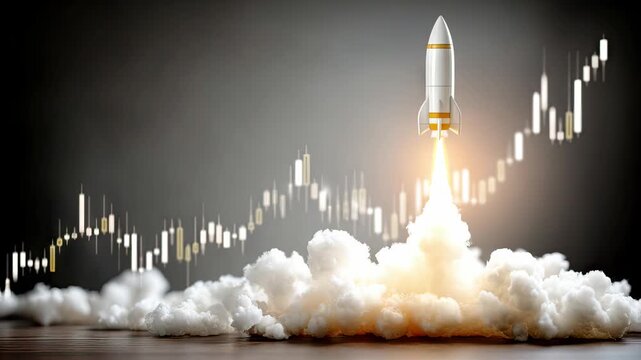 Rocket launch with rising stock market graph showcasing technology advancements and financial growth trends