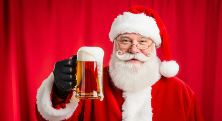 A man dressed as Santa Claus holds a mug of foamy beer a symbol of the festive Christmas holiday. A perfect drink for a holiday party. Against a red background.