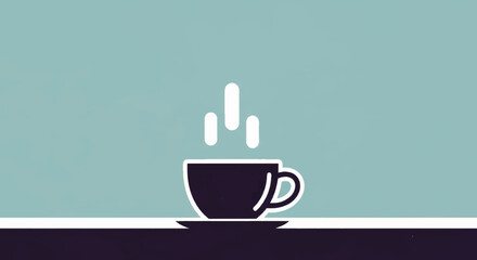 Minimalist coffee cup with steam vector illustration. Flat design hot beverage icon on blue background. Simple cafe logo symbol