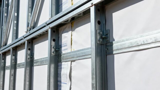 Medium shot capturing exterior steel stud framing installation highlighting durable weatherresistant wall support structure.