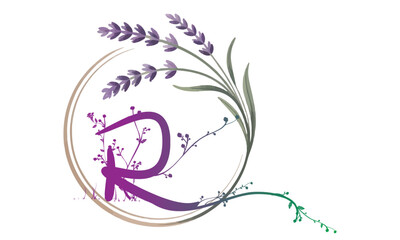 R letter logo with various plant ornaments in linear design concept