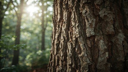 Obraz premium Close-up of tree bark in a forest setting with sunlight filtering through the trees. Nature and woodland, concept. Tree and forest textures. The concept of nature and woodland environments