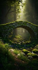 Fototapeta premium Enchanted mossy stone arch bridge spanning a tranquil forest stream with sun rays and glowing lights.