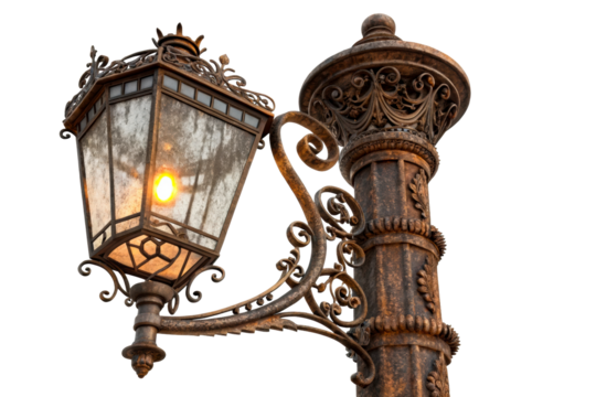 Ornate antique lamppost with vintage metalwork and frosted glass lantern casting a warm glow, perfect for architectural design and historical themes.