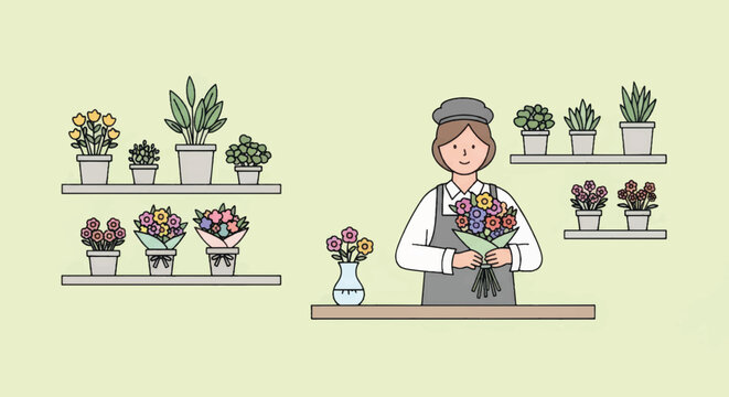 Female florist arranging bouquet in flower shop. Small business owner character with plants and shelves. Flat design vector illustration