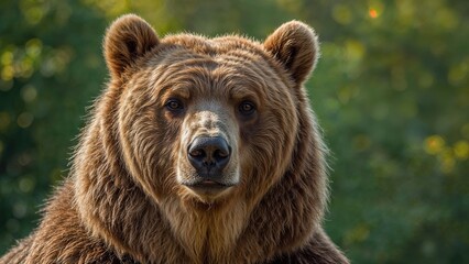Fototapeta premium Close-up of a brown bear with a blurred green forest background. Nature and wildlife, animal photography. The image captures the bear's facial details and expressions.