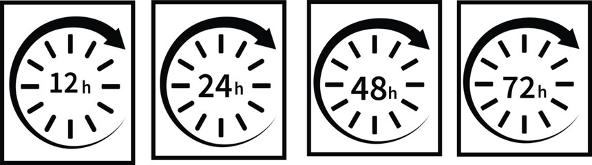 Time duration icons set: 12h, 24h, 48h, 72h symbols delivery