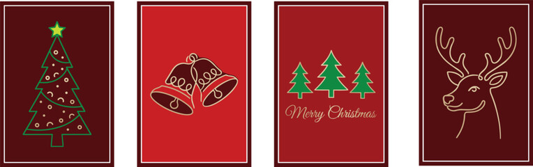 Minimal Christmas card set with line art icons of reindeer, Christmas trees, and bells, simple holiday greeting posters with gold accents, flat vector illustration, maroon and red background