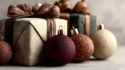Elegant Christmas still life with wrapped gifts and matte baubles in warm neutral tones, textured paper and satin ribbons, soft light and shallow depth of field.