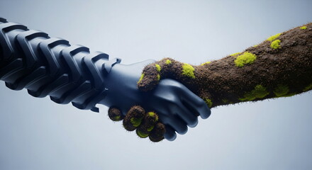 Handshake between tire pattern hand and soil hand with grass. Concept of sustainable agriculture, eco-friendly farming technology, and environmental partnership. Earth Day.