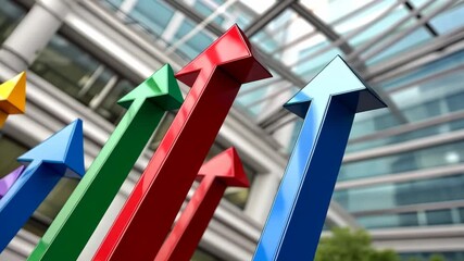 Colorful arrows rise toward the sky in a modern urban environment with glass buildings and greenery surrounding them