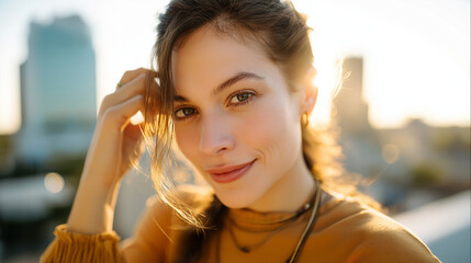 Golden hour portrait session on rooftop, photographer directing model against city skyline, soft backlight flare, editorial vibe, with copy space
