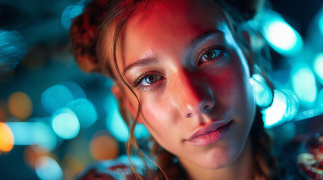 Night portrait shoot with RGB tube lights, bold color split on face, futuristic mood, crisp catchlights, with copy space