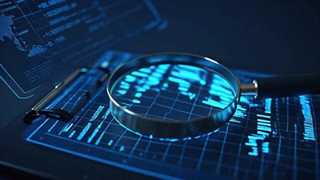 Close-up of a magnifying glass on a grid with glowing blue data charts, symbolizing information analysis, big data, and technological advancements.