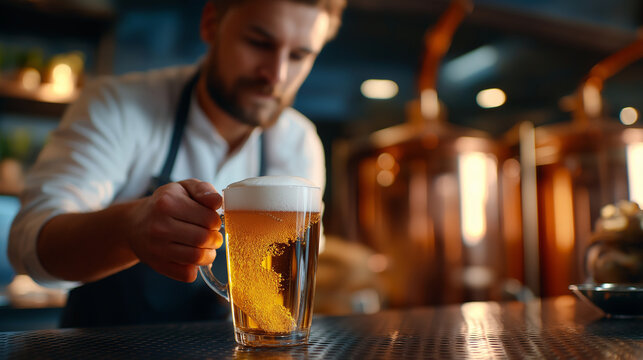 Craft brewery shoot, bartender pour with foam crown, copper tanks background, lifestyle hospitality, with copy space