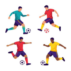 Four dynamic soccer players in action on a black background
