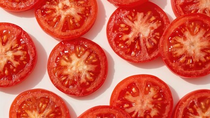 Sliced cherry tomatoes arranged on a white background