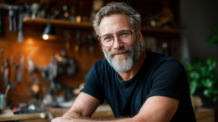 Brand founder portrait shoot in workshop, tools on wall, authentic craft story, warm tones, with copy space